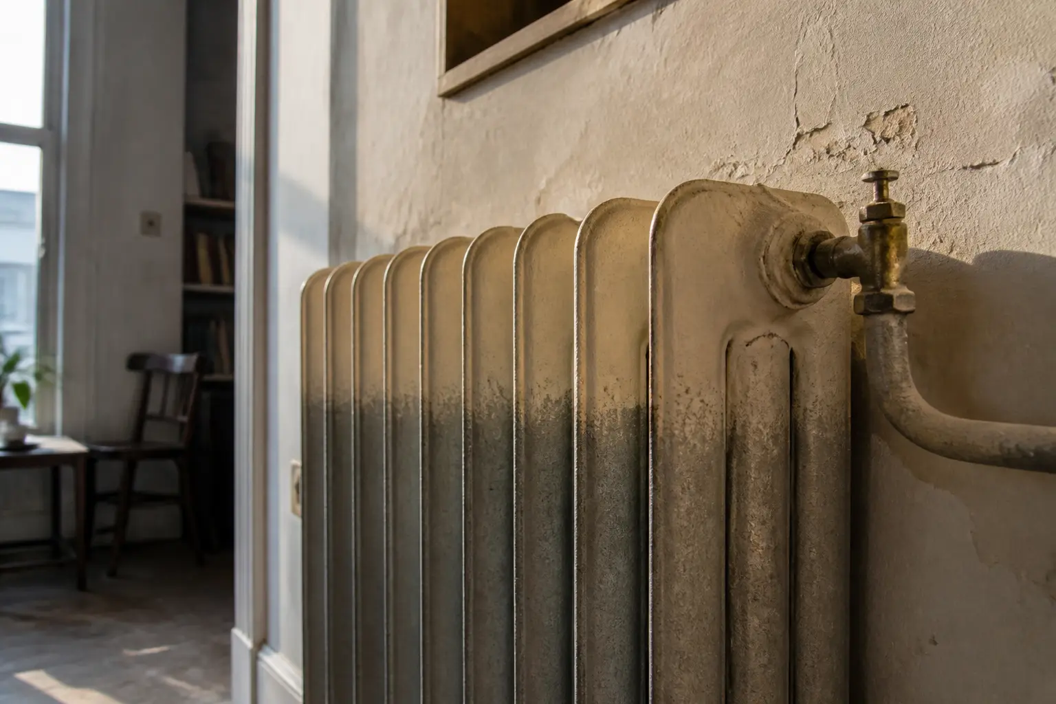 Purger radiateur fonte : gros plan d’un radiateur en fonte chauffant inégalement, avec valve et mur ancien poussiéreux