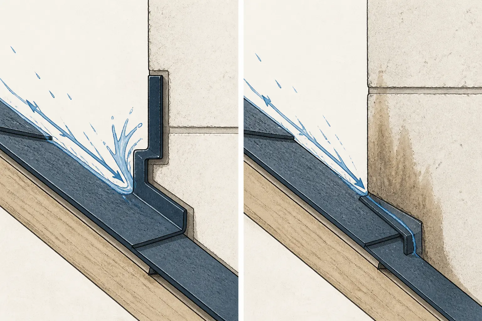 Schéma technique d’un solin contre mur montrant l’eau de pluie déviée à la jonction toiture-mur, avec fuite et tache d’humidité d’un côté, étanchéité correcte de l’autre.