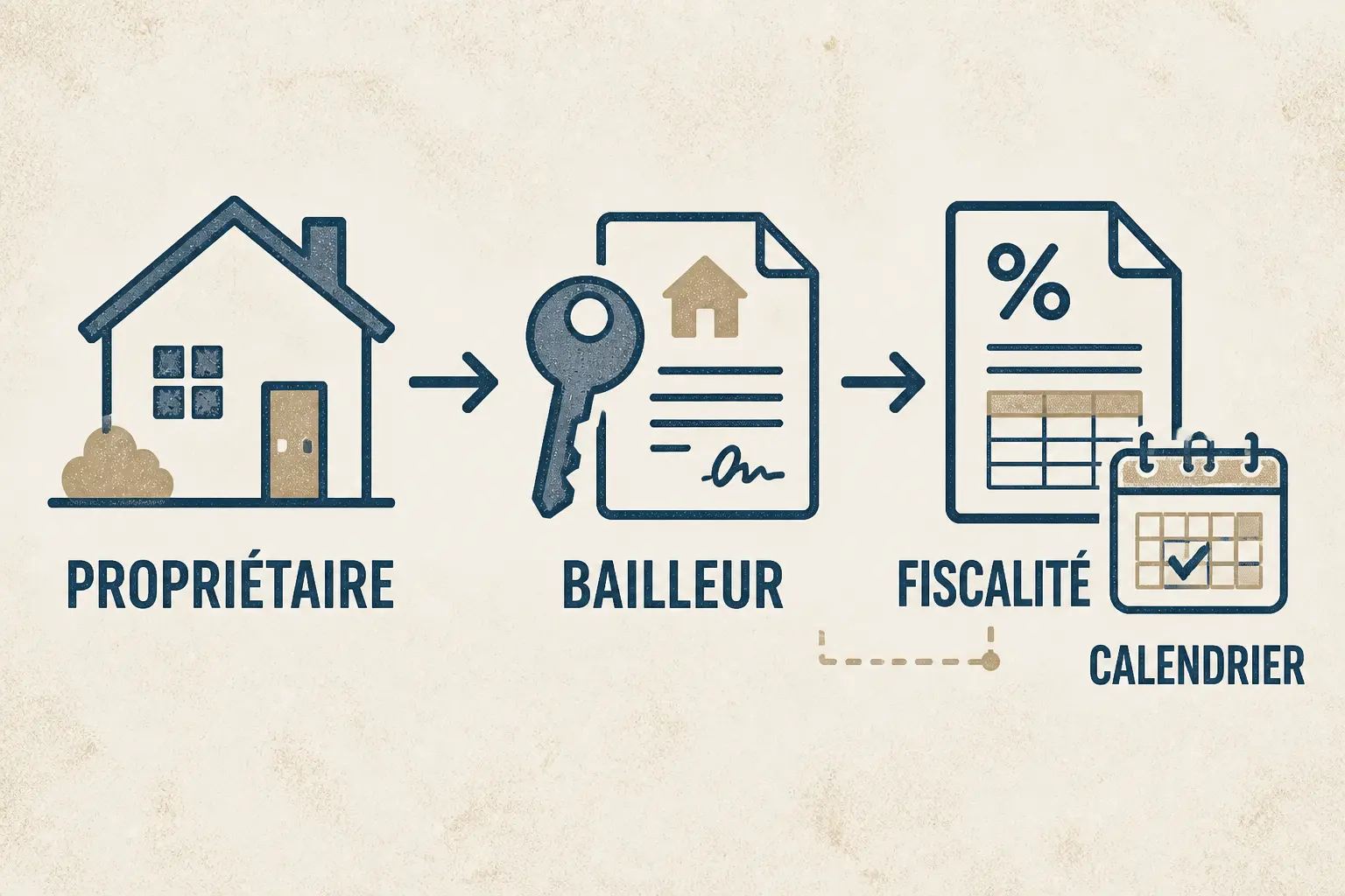 Infographie en 3 étapes sur le statut bailleur privé : propriétaire, bailleur, fiscalité et calendrier.