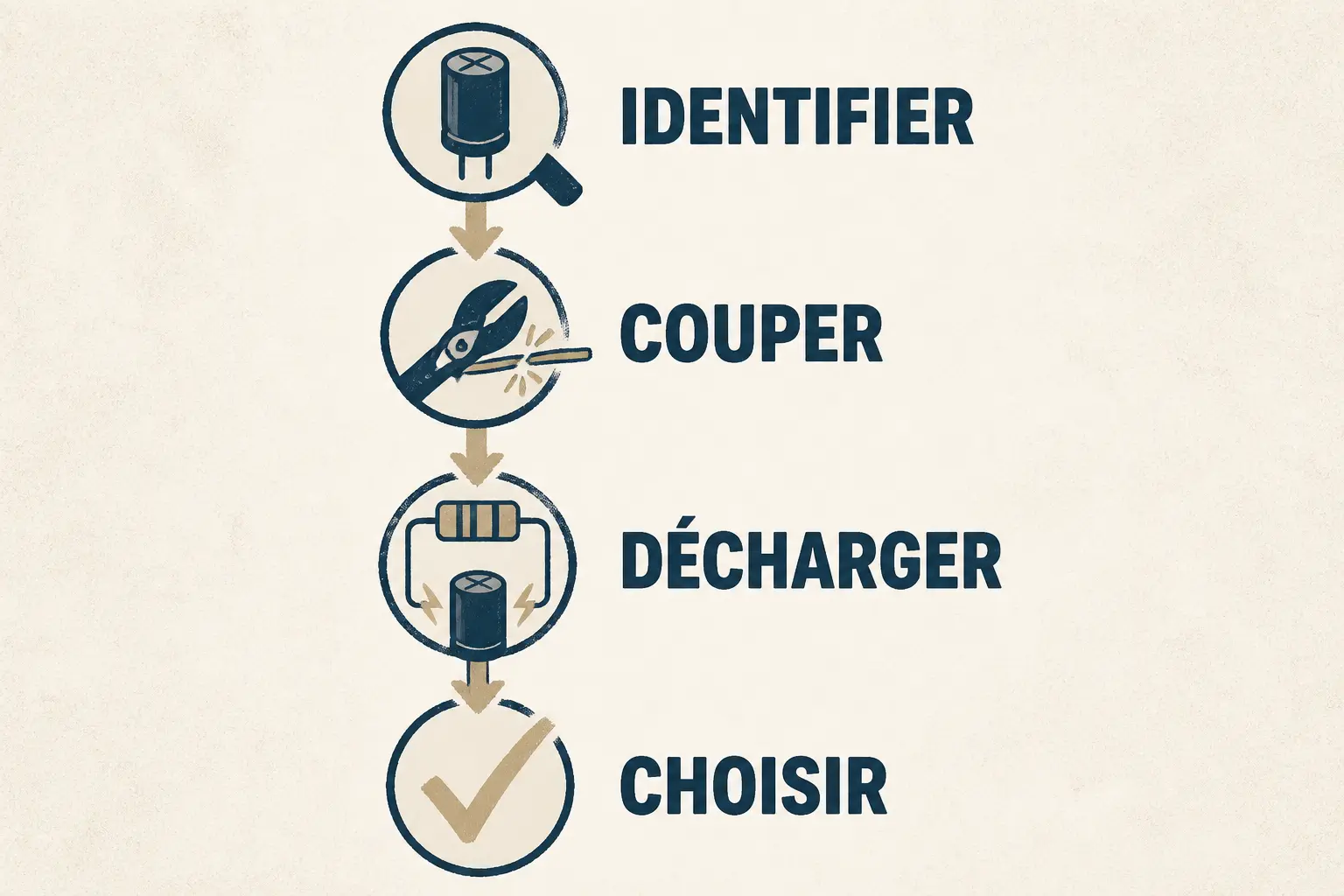 Flowchart pour tester un condensateur : identifier, couper, décharger puis choisir en sécurité avant mesure.