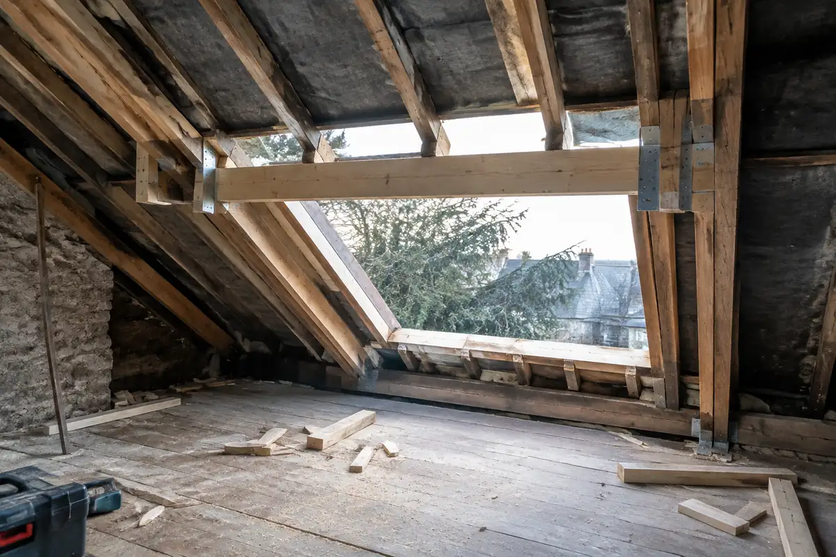 Charpente ouverte dans des combles, chevrons coupés repris par un chevêtre en bois fixé par des sabots métalliques