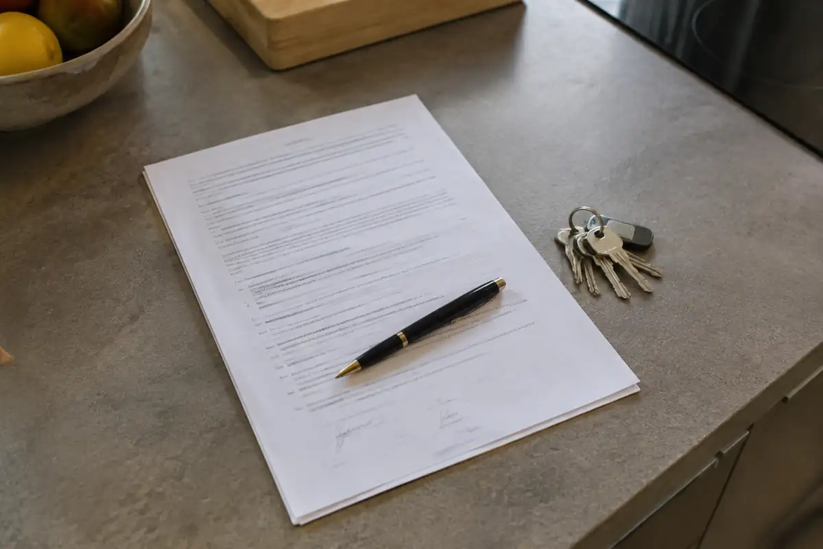 Devis signé posé sur un plan de travail, stylo et trousseau de clés à côté