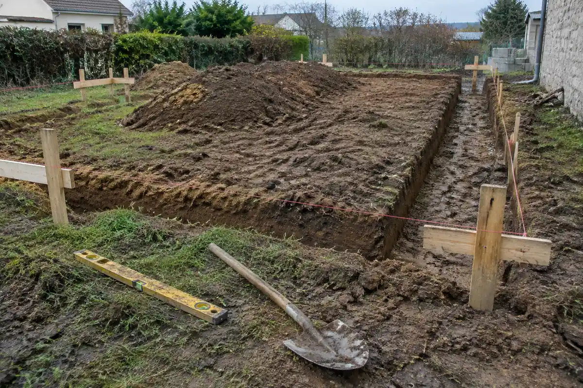 Implantation d'une maison sur un terrain : piquets, cordeaux et premières tranchées de fondation
