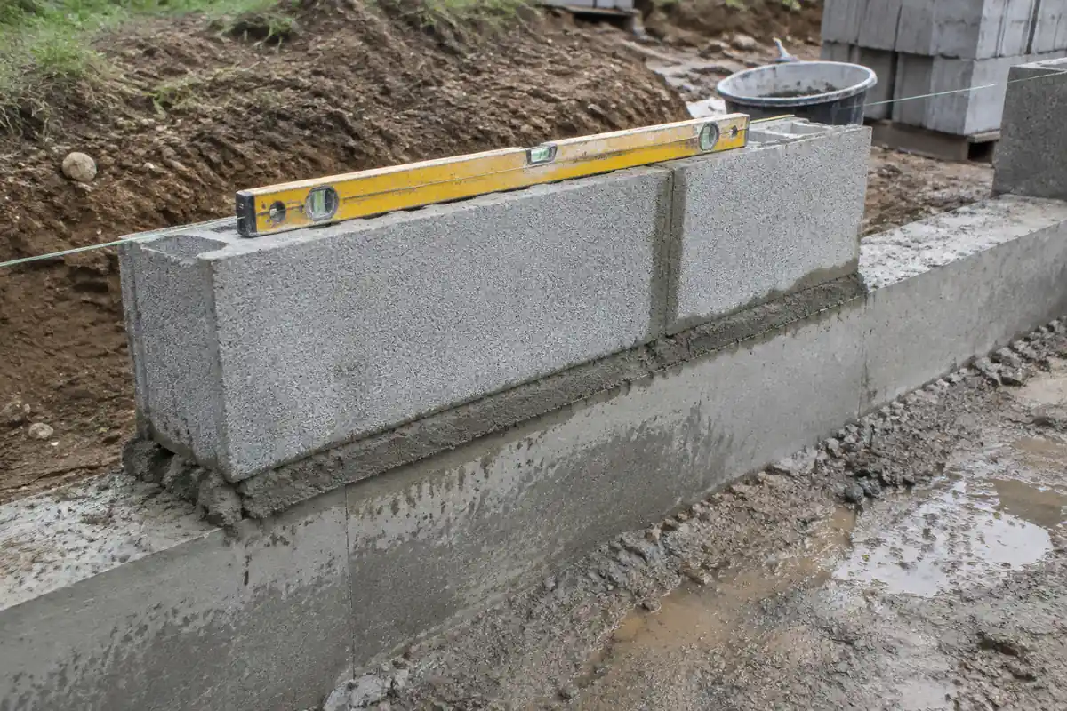 Premier rang de blocs de béton posé sur la semelle en béton, niveau à bulle en appui et joint de mortier visible