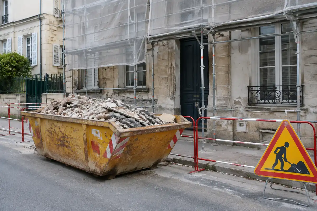 Benne à gravats sur la chaussée devant une façade en rénovation, barrières de chantier et panneau de signalisation temporaire
