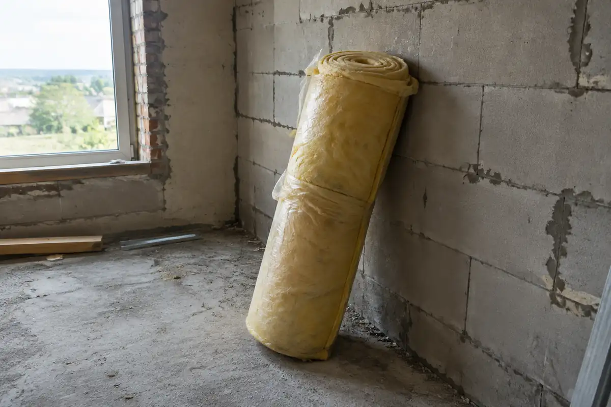 Rouleau de laine de verre contre un mur nu dans une maison en rénovation