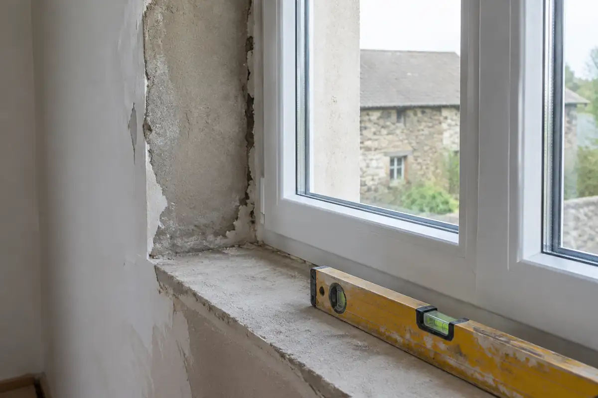 Embrasure d'une fenêtre à double vitrage posée dans un mur épais, avec un niveau à bulle sur l'appui