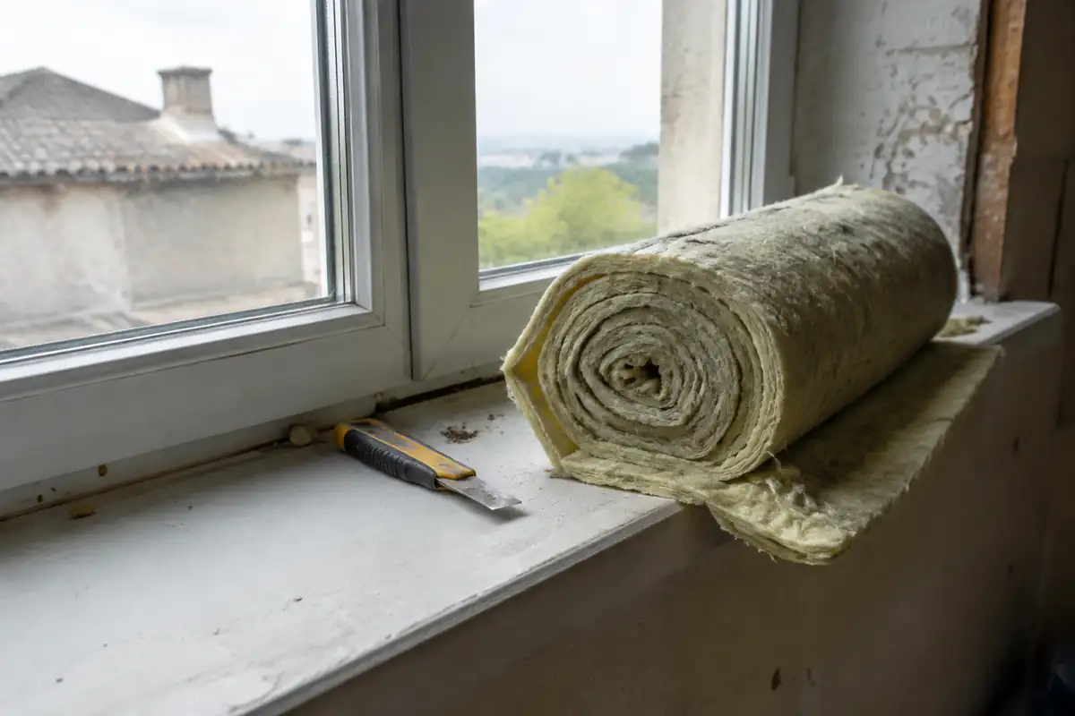 Rouleau de laine minérale et cutter posés sur un appui de fenêtre