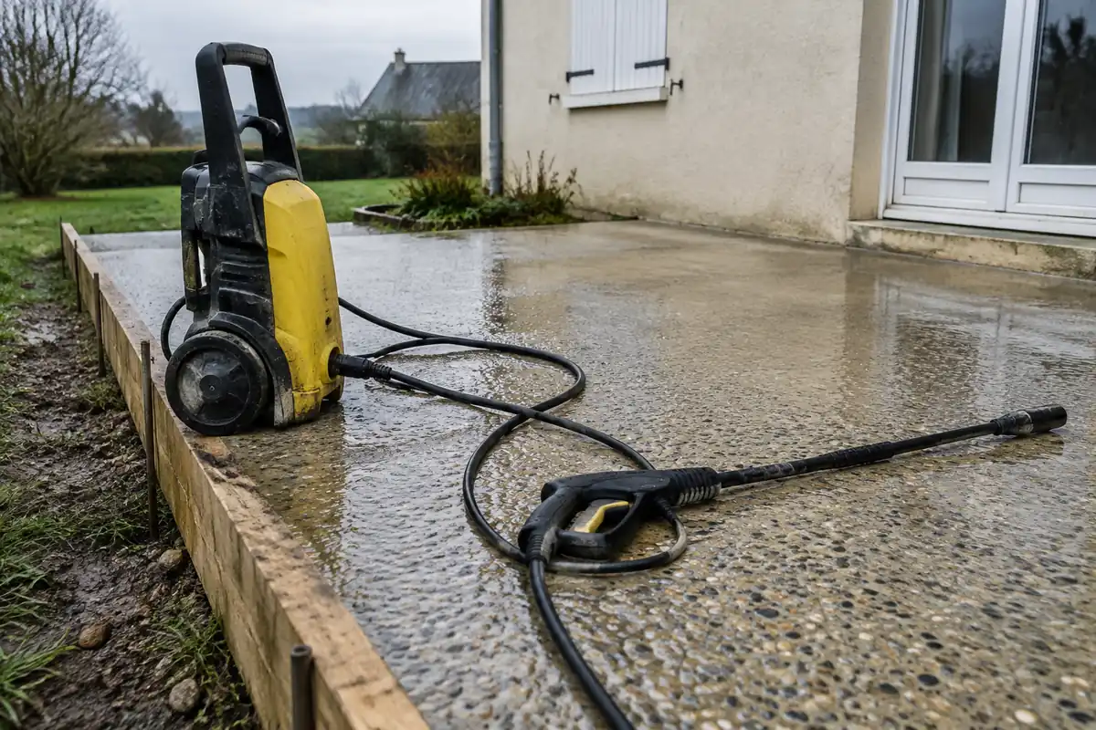 Un nettoyeur haute pression posé au bord d'une dalle de béton lavé mouillée, avec des gravillons apparents