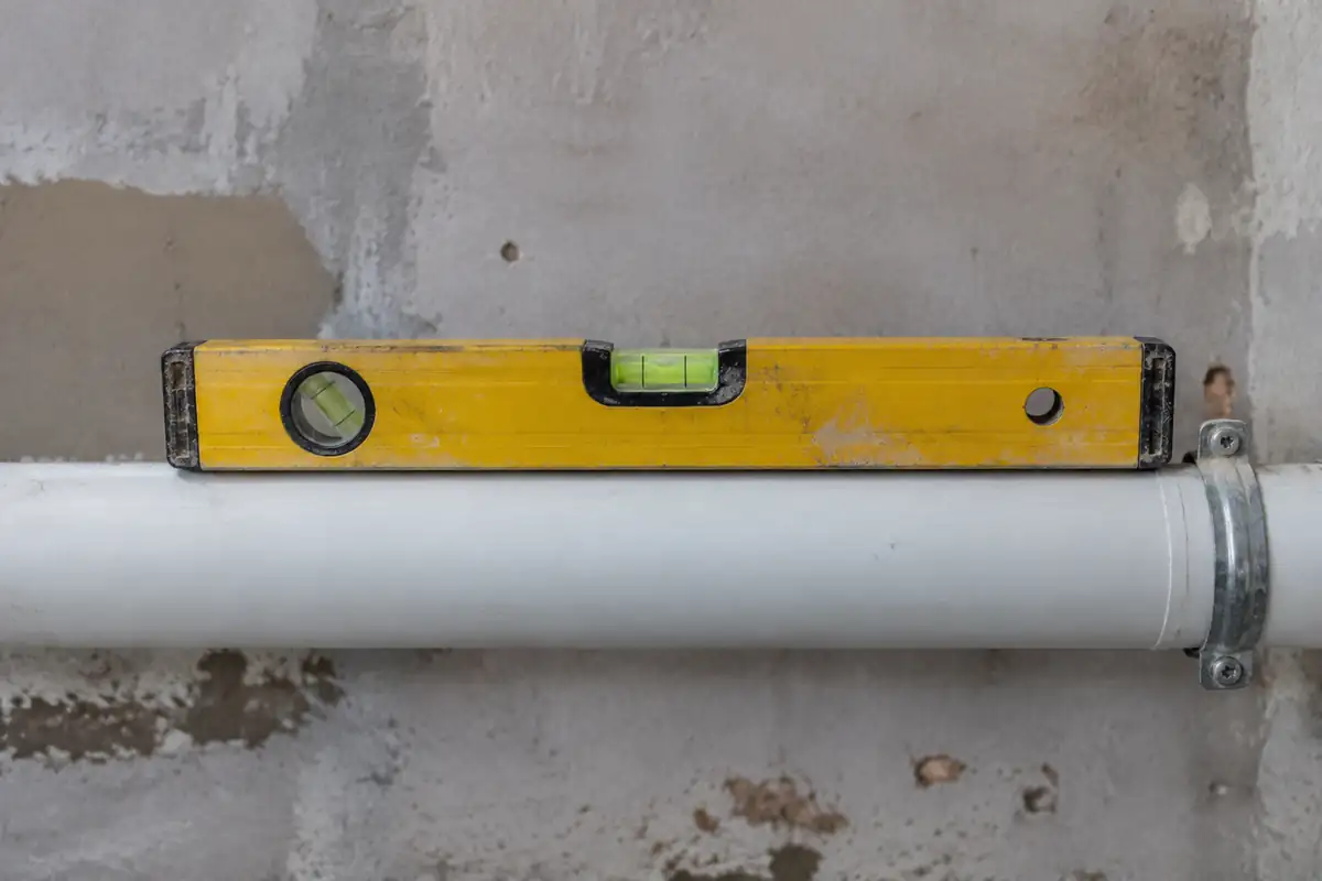 Niveau à bulle posé sur un tube PVC blanc horizontal